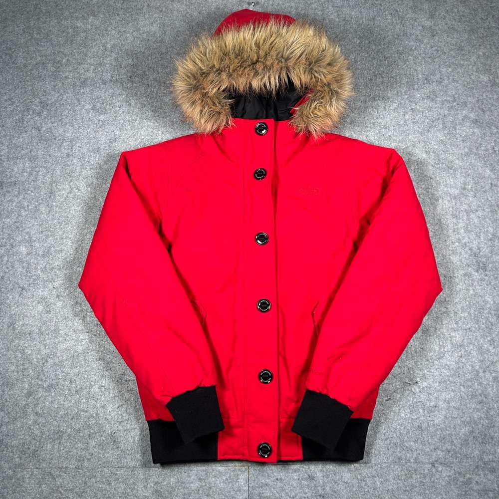 The North Face jacket Womens Small Red hooded fur Down Insulated puffer quilt